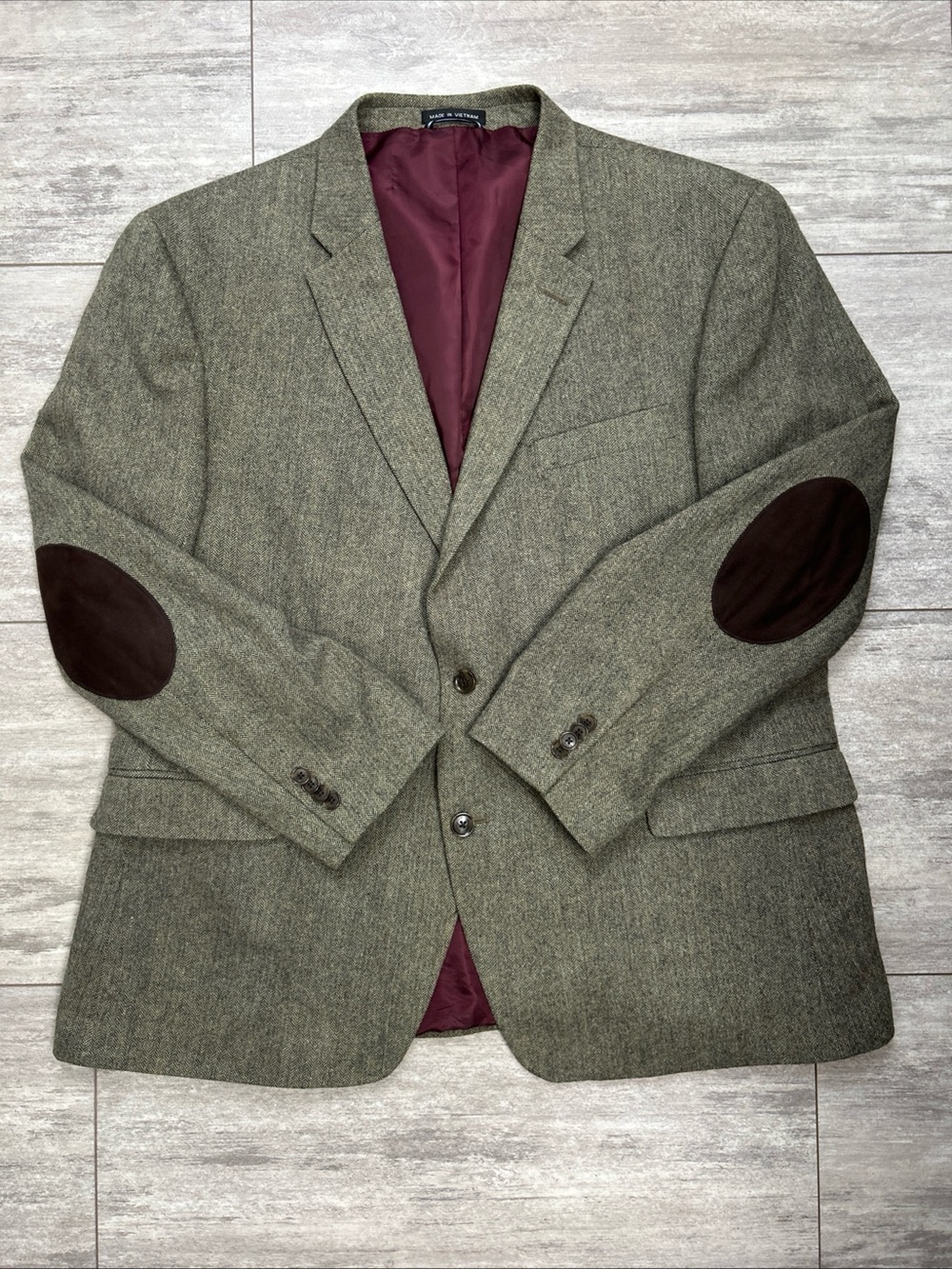Tommy Hilfiger Men’s 48R Blazer Olive Tan Herringbone Suede Elbow Patches